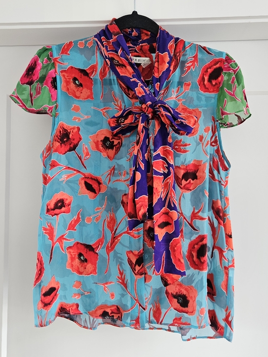 Alice + Olivia Tops - Alice + Olivia Silk Blend Turquoise Floral Tie-Neck Blouse with Red Poppies